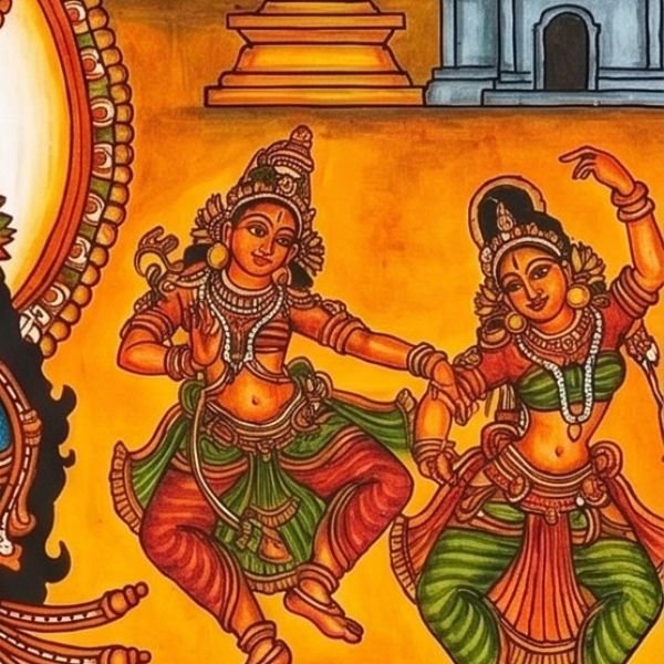 Mural detail of dancing celestials and the temple lamp
